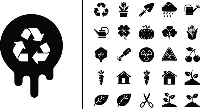 Recycling and eco gardening icon set with environmental symbols plants tools and sustainability vector