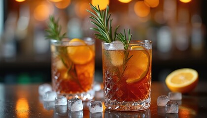 Two chilled Cuba Libre cocktails with ice citrus and rosemary garnishes sit on a bar. Refreshing amber colored rum drinks are ready to serve. Tasty alcoholic beverages create vacation vibe.