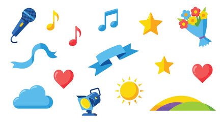 A vibrant collection of colorful graphic elements including a microphone, musical notes, ribbons, hearts, stars, a bouquet, a cloud, a spotlight, a sun, and a rainbow arch.