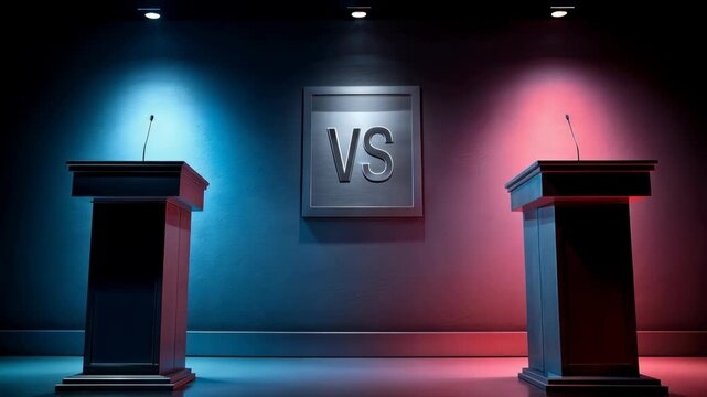 Dramatic Debate Setup with Two Podiums Illuminated by Blue and Red Lights against a Dark Background