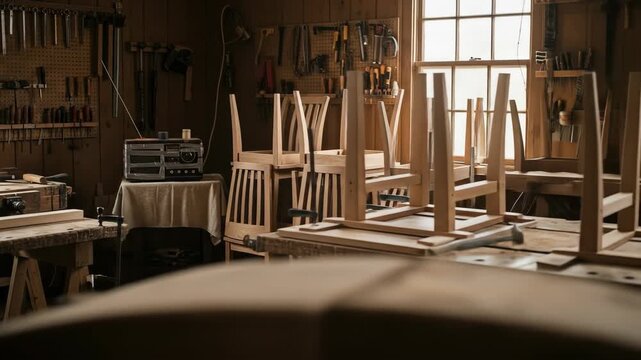 A workshop interior with wooden chairs, tools on a pegboard, workbenches, and natural lighting