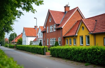 Naklejka premium Row of tidy danish houses with red tiled roofs line a quiet street. Green hedges border the sidewalk. Cars are parked on the road in the distance. A tree branch is in the foreground.