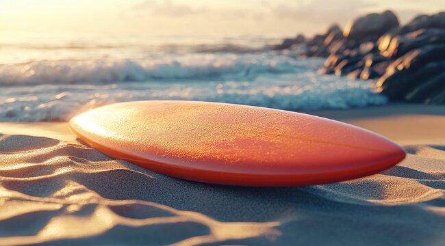 Orange surfboard on sandy beach at sunrise