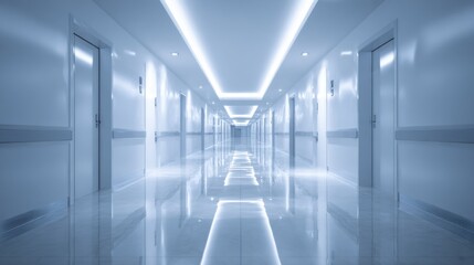 neonlit hospital corridor with directional lights, reflective floor and geometric ceiling lines hightech wayfinding, cool tone, polished surfaces, futuristic guidance strips and sterile cleanroom