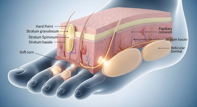 Professional medical illustration of foot skin layers showing corns and calluses in semi-transparent 3D