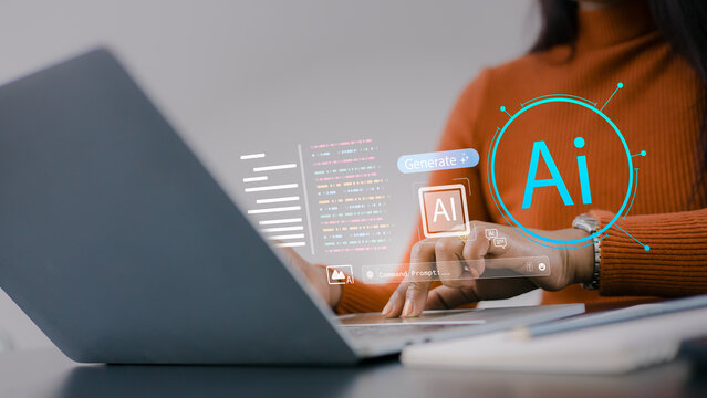 Close up of woman using laptop with AI generative technology interface. Content creator typing command prompts to generate digital art and text using artificial intelligence in modern office.