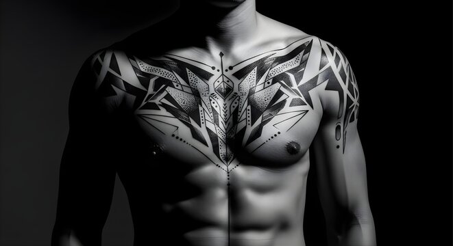 Dramatic black white portrait of a muscular male chest tattoo