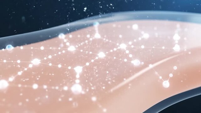 Dynamic visualization of skin's intricate cellular network and molecular structure, illustrating the science of hydration, regeneration, and dermal health with glowing connections