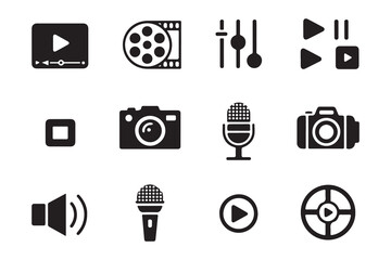 Diverse media and sound related icons, including video player, camera, microphone, and volume controls