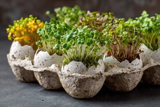 Fresh microgreens growing in eggshells arranged in an egg carton on a dark surface, showcasing vibrant green and yellow sprouts with a natural, organic aesthetic
