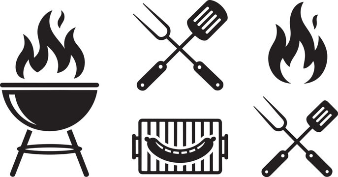 Black BQ and cooking on white background grill fire flames spatula