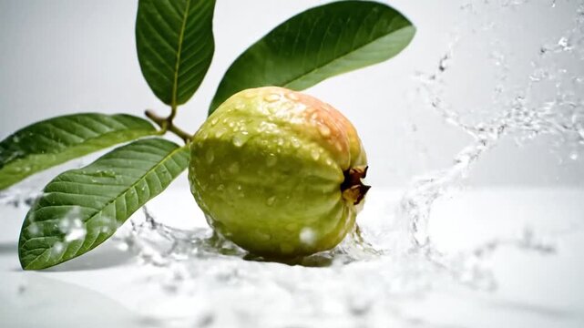 Cinematic slow motion capture of a fresh ripe organic guava fruit with vibrant green leaves isolated on a plain white studio background, high resolution 4K tropical botanical food footage.