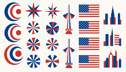 Fototapeta premium Patriotic American symbols and city skylines in red white and blue