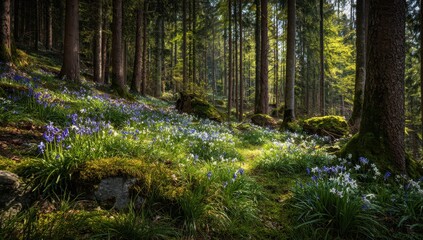 Obraz premium Magical Forest Path Illuminated by Golden Sunlight, Adorned with Spring Wildflowers.