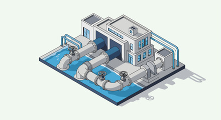 Obraz premium Isometric style illustration of a water treatment plant with pipes, valves, and a building. Ideal for infrastructure, engineering, or utility concepts.