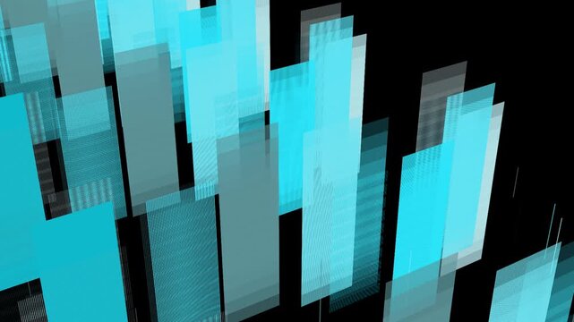 Abstract cyan rectangles and geometric shapes flowing in a dark background, creating a futuristic technology data stream effect 4k video 3d render