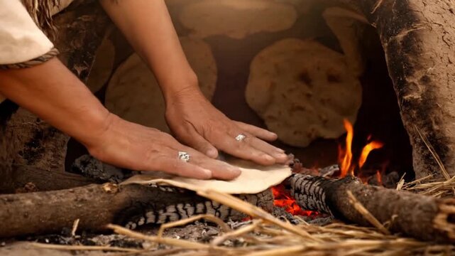 An ancient clay oven with flatbreads baking inside. The scene captures a traditional method of cooking from biblical times, emphasizing historical culinary practices.