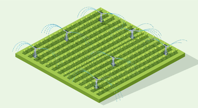 Isometric illustration of field irrigation system with sprinklers watering crops. Agricultural technology concept image for farming, sustainable agriculture, and smart farming solutions.
