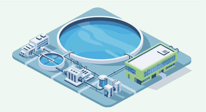 An isometric illustration of a water treatment plant showing various stages. Suitable for brochures, websites, or presentations related to environmental issues and industrial water management.
