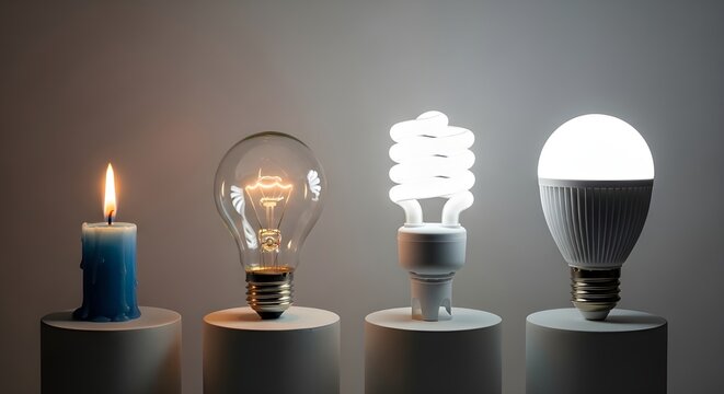 Evolution of lighting technology displayed with a burning candle, incandescent bulb, compact fluorescent lamp, and modern LED bulb, showcasing progress and energy efficiency.