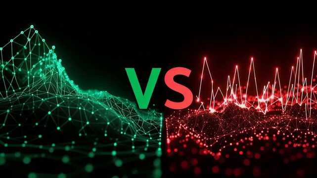 Dynamic Visualization of Contrasting Data Streams in Green and Red Against a Dark Background