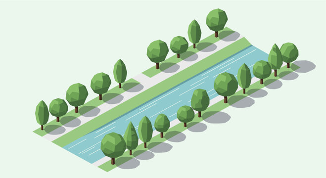Isometric vector illustration of a river with trees and a footpath. Perfect for urban planning, landscape architecture, or environmental projects. Serene and modern design.