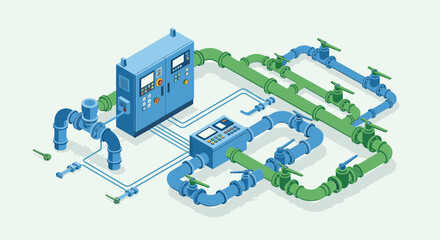 An isometric illustration depicting a water treatment facility with blue and green piping, valves, and control panels. Suitable for illustrating infrastructure, engineering, or industrial concepts.