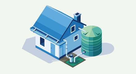 Isometric illustration showing a house with a rainwater collection system, tank, and filtration. Ideal for environmental, sustainability, and water conservation themes.