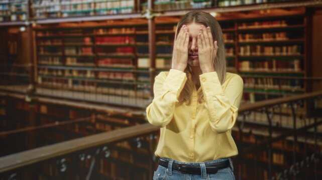 Blonde woman smiling with hands raised to face, waving palms and making playful faces in a library among tall bookshelves and a mezzanine railing, wearing yellow shirt and jeans; playful joy.