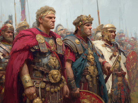 Powerful illustration depicting the fall of the Roman Empire, showing three victorious barbarian chieftains standing at the city gates, dressed in captured Roman garments and armor