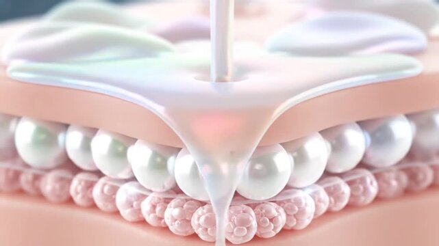 Close-up view of skincare formulation with pearls and liquid dripping, showcasing cellular structure and cosmetic benefits