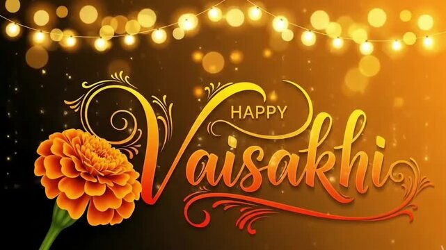 Vibrant happy Vaisakhi greeting card design with floral motifs and festive lights