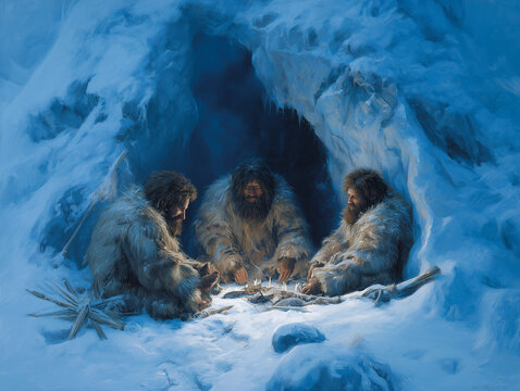 Atmospheric illustration of a group of Neanderthals inside a cave during winter, gathered around a warm fire to prepare hunted prey, highlighting survival, resourcefulness