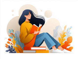 Obraz premium Gentle illustration of a young woman deeply focused on reading a book, emphasizing the themes of education, learning, concentration