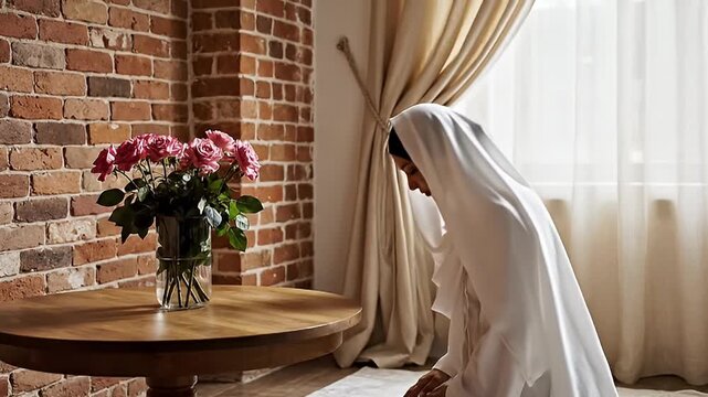 Woman in white attire kneeling in prayer indoors near a table with flowers, seeking spiritual