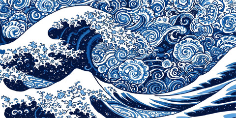 Abstract blue fabric texture background featuring a seamless floral paisley pattern with vintage swirl ornaments and winter leaf art design © ayaat