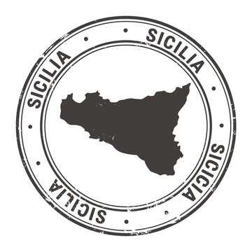 A circular stamp depicting the island of sicily and its name