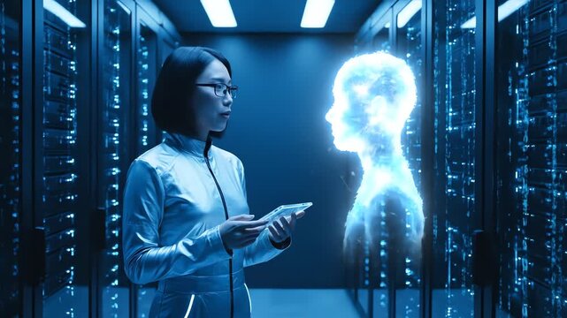 A woman in a blue jumpsuit stands in a server room with a tablet and looks at a glowing blue human silhouette projected in front of her.