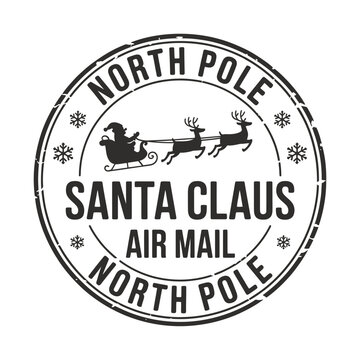 Vintage style circular stamp depicting santa claus and reindeer sleigh