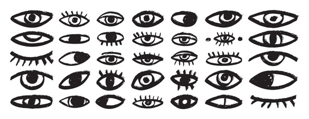 bizarre eyes hand drawn doodle brush set. Textured minimalistic grunge eyes rough collection 