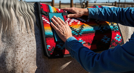 Person adjusting colorful saddle pad on horse in outdoor setting  