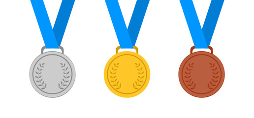 Gold, silver and bronze medal icons with blue ribbon in clean flat style, award and achievement symbols for sports apps, websites, competitions, ranking systems, games, and winner recognition projects