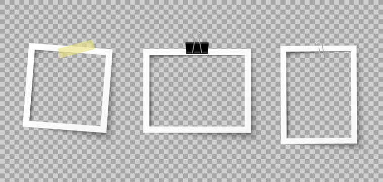 Realistic empty photo card frame mockup with retro vintage photograph style, transparent adhesive tape and paper clip, digital snapshot image for branding, scrapbooking, social media, posters, and
