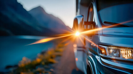 Motorhome RV driving along a mountain lake road at sunrise with sunburst and pine trees