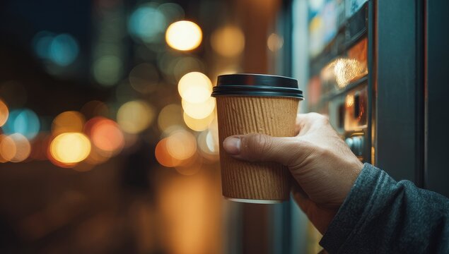 A hand holding a paper coffee cup in front of a vending machine with blurred city lights