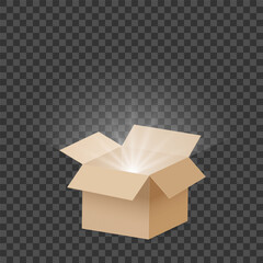 Open cardboard box with luminous rays and light bursting out, glowing carton case isolated on transparent background for surprise concept, delivery, gift, mystery reveal, marketing, and creative © elena_garder