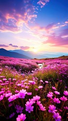 Fototapeta premium Alba Spettacolare su Prato di Fiori Alpini e Montagne in Primavera