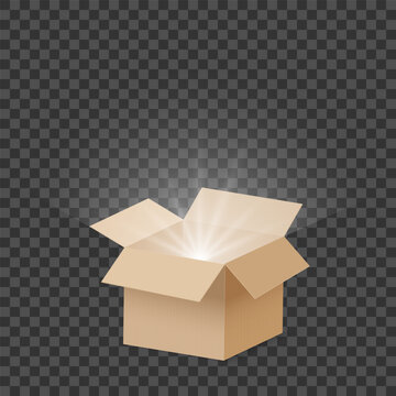 Open cardboard box with luminous rays and light bursting out, glowing carton case isolated on transparent background for surprise concept, delivery, gift, mystery reveal, marketing, and creative