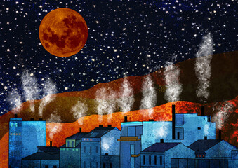 Ilustracja grafika kolorowe domy bajkowy krajobraz w nocy czerwony księżyc i niebieskie domy z dymiącymi kominami. © Monika