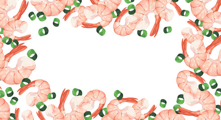 A watercolor frame with illustrations of boiled shrimp and green onion rings © Anna Bastron